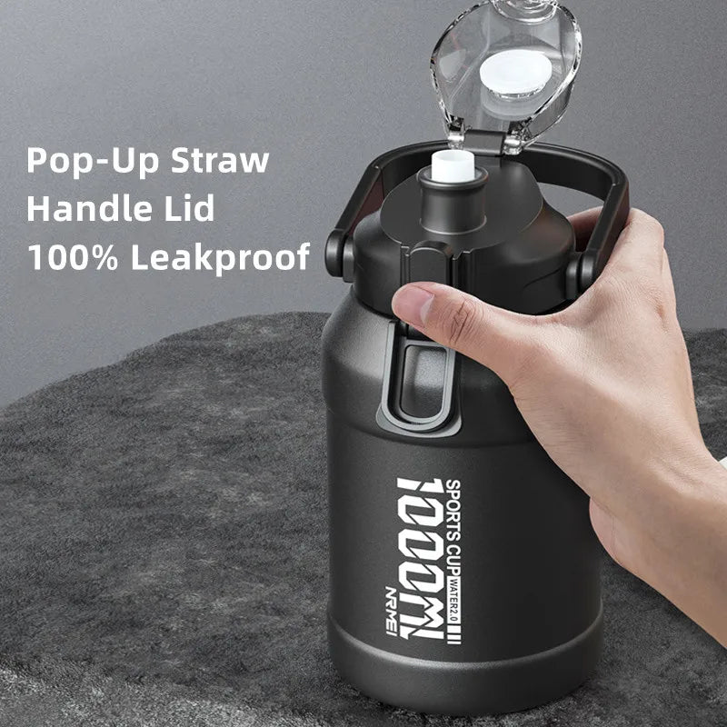 2L Water Bottle Thermos Bottle with Removable Straw Outdoor Portable Stainless Steel Water Bottle with Carry Handle for Gym
