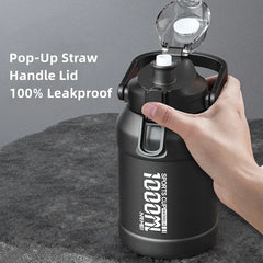 2L Water Bottle Thermos Bottle with Removable Straw Outdoor Portable Stainless Steel Water Bottle with Carry Handle for Gym