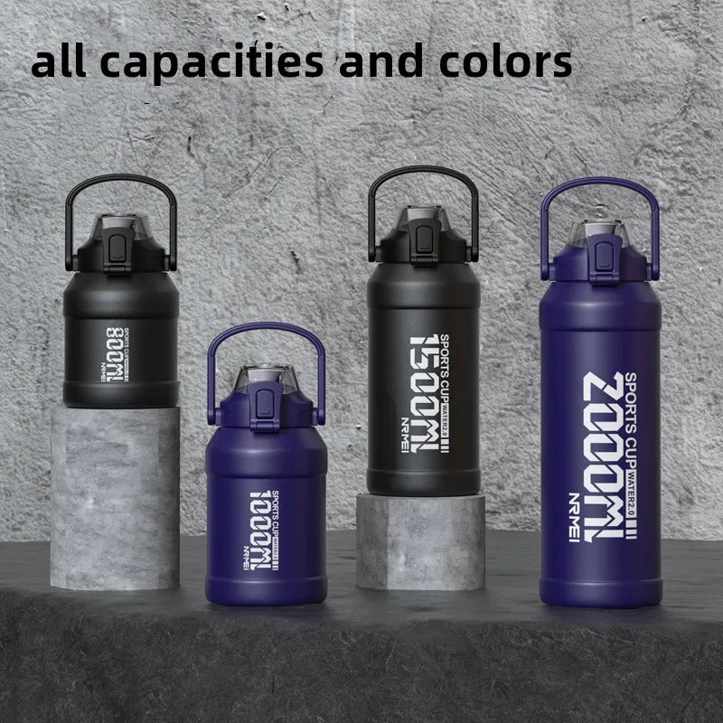 2L Water Bottle Thermos Bottle with Removable Straw Outdoor Portable Stainless Steel Water Bottle with Carry Handle for Gym