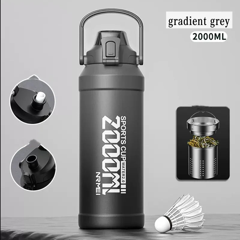 2L Water Bottle Thermos Bottle with Removable Straw Outdoor Portable Stainless Steel Water Bottle with Carry Handle for Gym