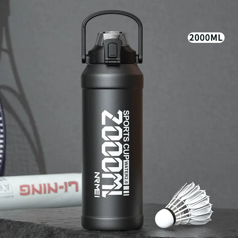 2L Water Bottle Thermos Bottle with Removable Straw Outdoor Portable Stainless Steel Water Bottle with Carry Handle for Gym