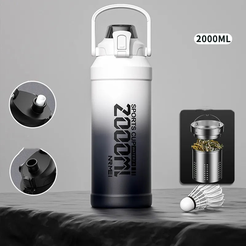 2L Water Bottle Thermos Bottle with Removable Straw Outdoor Portable Stainless Steel Water Bottle with Carry Handle for Gym