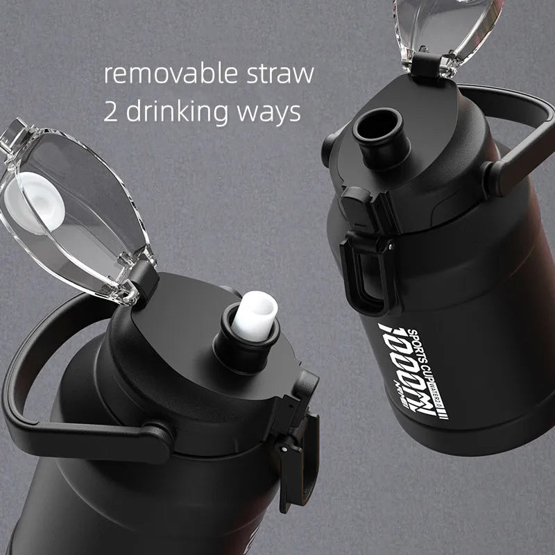 2L Water Bottle Thermos Bottle with Removable Straw Outdoor Portable Stainless Steel Water Bottle with Carry Handle for Gym